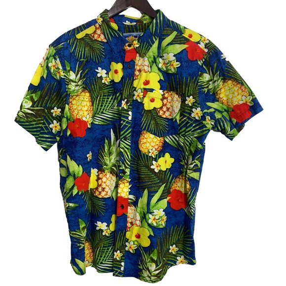 Empyre Surplus Co Mens Hawaiian Shirt Size Large Blue Green Pineapples Floral - Picture 1 of 6